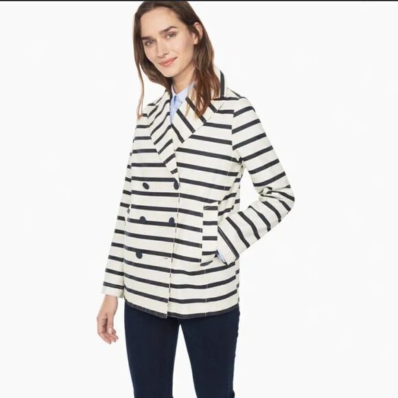 Anthropologie‎ Velvet By Graham White and Navy Striped Double Peacoat Size Small - Picture 1 of 9